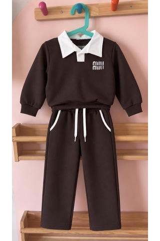 Kokoş Bebe Kız Çocuk Yaka Detaylı Eşofman Takım - 6/12 Yaş - 31914 Kahverengi