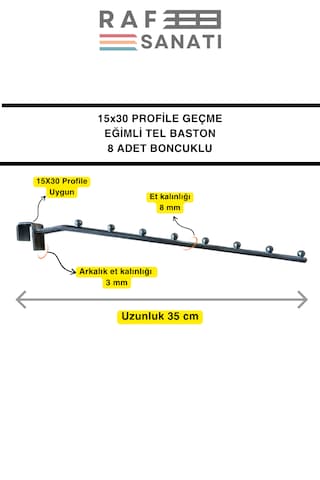 50 Adet Eğimli Tel Baston 35 Cm 15x30 Profile Göre Raf Kancası Boncuklu Baston Askı Galvaniz