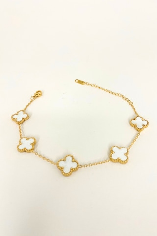 Gold Renkli Mineli Beyaz Yonca Bileklik Altın