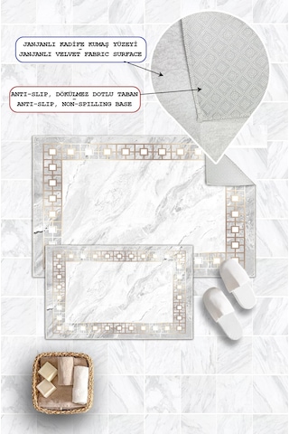 Dijital Baskı Klasik Kaymaz Taban 2li Set Banyo Paspası Klozet Takımı 50x60cm-60x100cm Gri