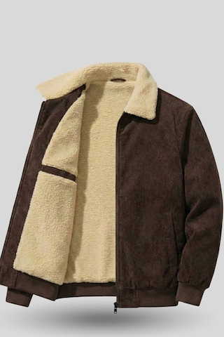 Erkek Kadife Mont Peluş Astarlı Tam Fermuarlı Gömlek Yaka Spor Mont Kahverengi