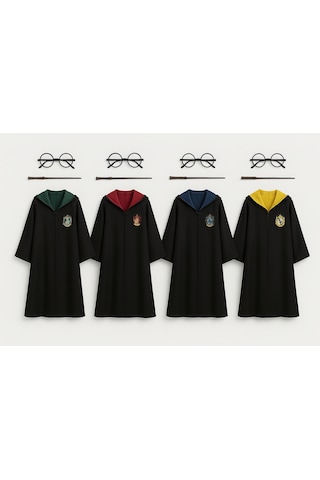 Kg Harry Potter Premium Kostüm Seti Cübbe - Asa - Gözlük Slytherin Yeşil