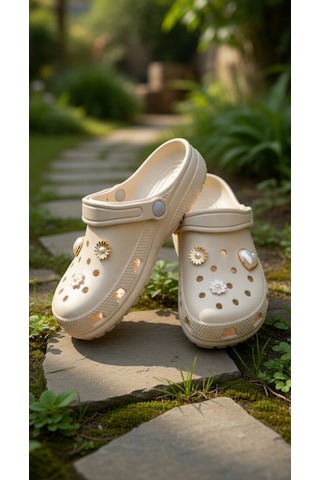 Stil Shoes Kadın Croks Eva Terlik Hafif Rahat Şık Taşlı Yumuşak Terlik Bej