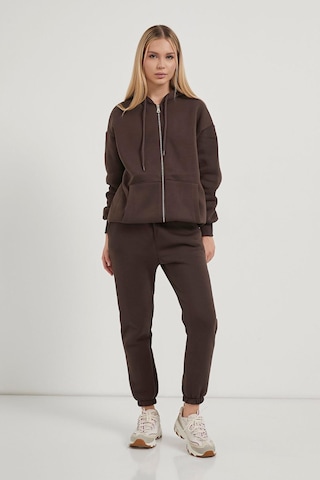 Armalife 2501 Fermuarlı Kapşonlu Oversıze Üçiplik Şardonlu Kadın Sweat Kahve