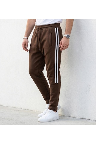 Plus Scorpion Erkek Slim Fit Pamuklu Eşofman Altı Yan Şerit Detaylı Günlük Kahverengi