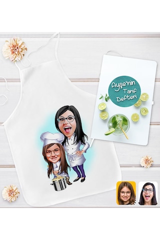 Bk Gift Kişiye Özel Anne Kız Karikatür Tasarımlı Mutfak Önlüğü Ve Yemek Tarif Defteri Hediye Seti-2, Anneye Hediye, Anneler Günü Hediyeleri