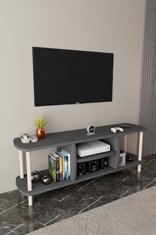 Modern Tv Ünitesi Ahşap Raflı 2 Katlı 4 Raflı Televizyon Sehpası Televizyon Ünitesi Antrasit