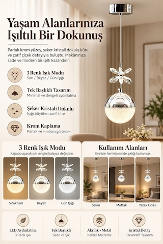 Ey-El Tasarım Şeker Top Modern Sarkıt Led Avize Tekli 3 Renk Krom Kaplamalı