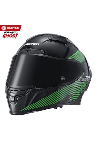 Scoyco FF871 Ghost Güneş Vizörlü Kapalı Kask Parlak Siyah - Yeşil L