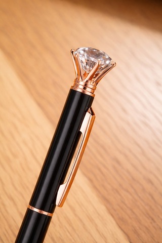 Rose Gold Detaylı Kristal Taşlı Tükenmez Kalem - Siyah Gövde Mavi Mürekkep