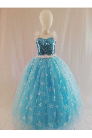 Kız Çocuk Mavi Frozen Elsa Kostüm Elbise Mavi