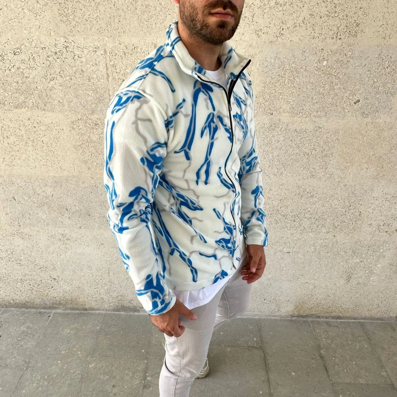 Erkek Tam Fermuarlı Desenli Polar Sweat Lightning Desen Yakalı, Uzun Kollu, Oversize Rahat Kalıp - Beyaz