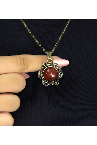 Doğal Taş Akik Doğal Taşlı Kadın Doğal Taş Otantik Kolye Euk18a Kırmızı