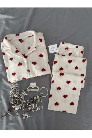 Mh Moony Homewears Ma Valantine Kışlık Yılbaşı Hediyesi Termal Polar Pijama Takımı Krem