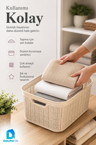 Jute Köşeli Sele Sepet 35 L 52,5x34,5x22,5 Cm Çamaşır Oyuncak Saklama Taşıma Sepeti Bej