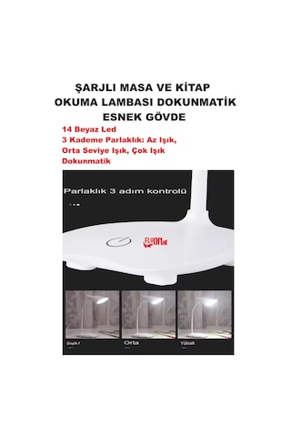 Şarj Edilebilir Dokunmatik Masa Lambası Kitap Okuma Işığı Led Çalışma Okuma 3 Modlu Kademe Işık Beyaz - Beyaz