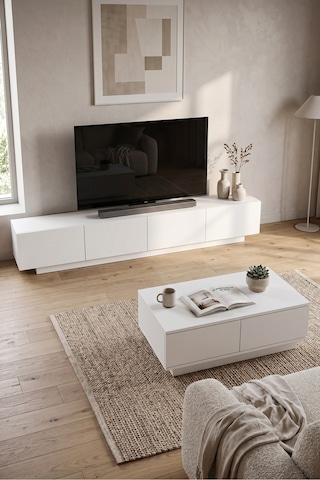 Yurudesign Yoda 200cm Tv Ünitesi Orta Sehpa 2'li Set Beyaz Yd26-w