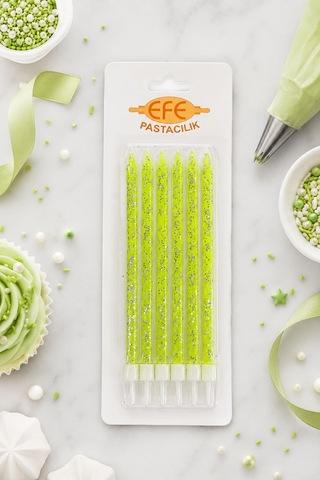 Neon Yeşil Gümüş Simli Uzun Pasta Mumu 17 Cm Karışık