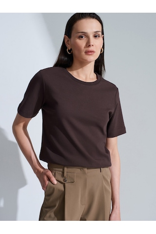 Dilvin 31763 %100 Pamuk Bisiklet Yaka T-shirt-koyu Kahve Kahverengi