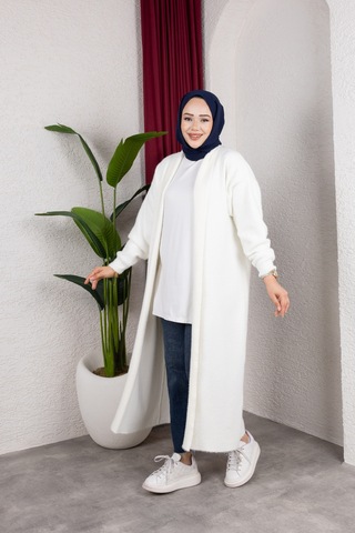 Hira Life Fashion Kadın Şal Yaka Uzun Triko Ve Sakallı Tüylü Hırka Krem Krem