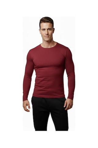 DeepSEA Bordo Dar Kalıp Likralı %90 Pamuk Erkek Sweatshirt – Vücuda Oturan İnce Penye Sweat 2300423