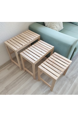 Zigon Sehpa Doğal Ahşap 3 Lü Sehpa Seti