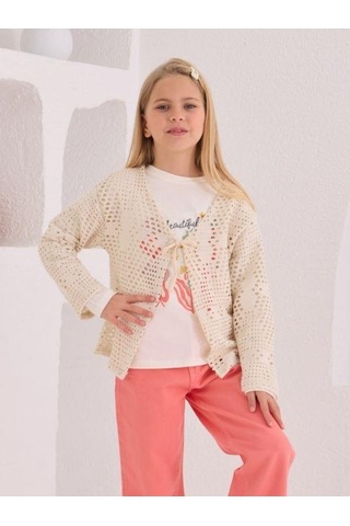 Kız Çocuk Üçlü Hırka Tshirt Pantolonlu Takım-15507 KREM