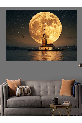 Dolunayda Kız Kulesi Manzarası Dekoratif Kanvas - Mdf Ahşap Tablo