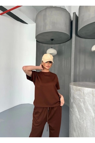 Moderie Butik Osy Modal Yumuşak Dokulu Kumaş Kısa Kollu Bluz Rahat Pantalon Ikili Takım- Kahverengi Kahverengi