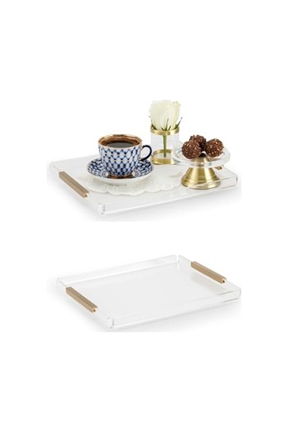 Memonza Şeffaf Akrilik Dekoratif Tepsi Pirinç Kulplu Orta Boy 26 X 21 X 2,5 Cm Organizer Sunum Tepsisi Diğer