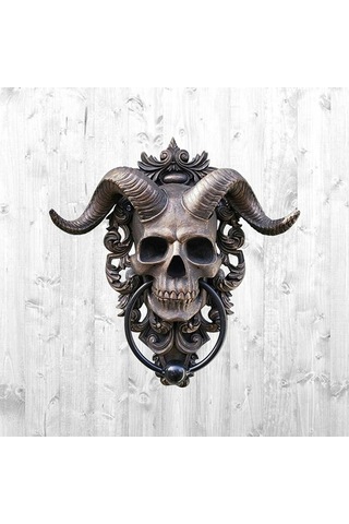 Pazly Şeytan Boynuzlu Kafatası Asılı Tokmağı, Ağır Hizmet Gotik Ev Dekorasyonu, Reçine, Bronz, 10.5x3x13cm