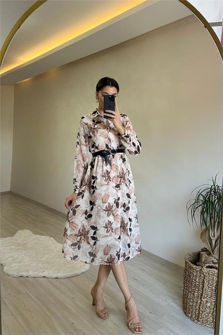 Neşeli Butik Kadın Desenli Gömlek Yaka Midi Elbise Nm011 Bej