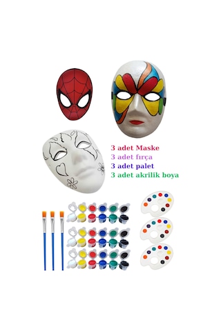 3 Adet Karton Maske Boyama Faaliyeti, Resim Başlangıç Seti, 3erli Set, Maske Boyama Seti