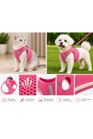 Nefes Alan Kumaş Air Mesh Kedi Köpek Göğüs Tasması Xx Small 28x32 Cm Neon Pembe
