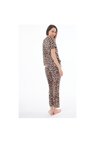 Premium Kadın Pijama Takımı Leopar Desenli Yumuşak Dokulu Kısa Kollu Bisiklet Yaka LEOPAR