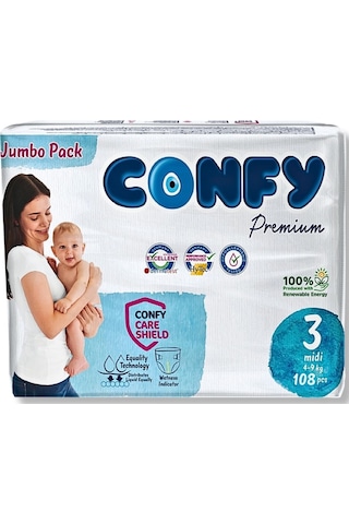 Confy Premium Bebek Bezi 3 Numara Midi  4 - 9 Kg 108 Adet