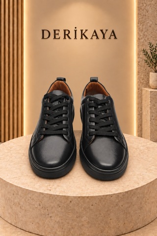 Deri Kaya Erkek Minimal Tasarım Bağcıklı Günlük Sneaker Spor Ayakkabı Siyah