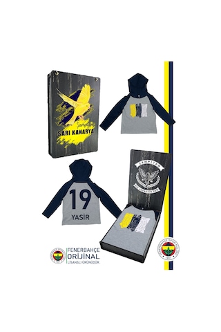 Fenerium Fenerbahçe Lisanslı Kişiye Özel Kapüşonlu Lacivert Gri Çocuk Sweat Ahşap Kutulu Lacivert