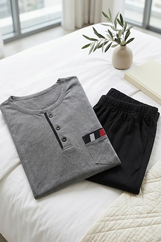Mataş Erkek Gri Viskon Karışımlı Uzun Kollu Düğmeli Biyeli Soft Pijama Takımı