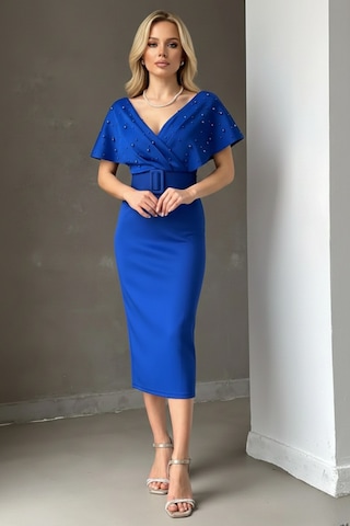 Defymoda Kadın Kalem Formlu Kemerli Zarif Elbise Mavi