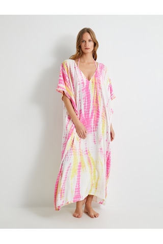 Koton Uzun Plaj Elbisesi Oversize Batik Desenli V Yaya Viskoz Kumaş Pembe Desenli 4sak80012mw Pembe