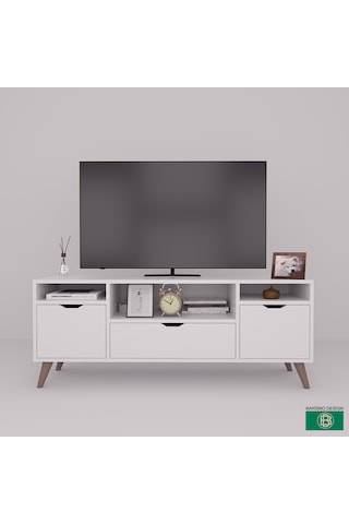 Tv Sehpası Geniş Çekmeceli Raflı Beyaz