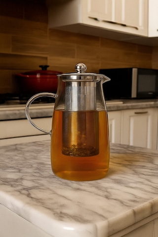 1500 Ml Cam Metal Süzgeçli Demlik Isıya Dayanıklı Detoks Sürahisi & Bitki Çayı Karafı