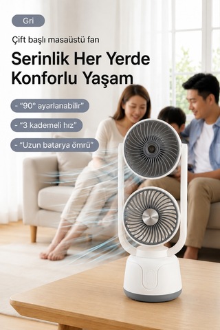 Şarjlı Çift Su Püskürtmeli 3 Kademeli Ayarlanabilir Masaüstü Fan Gri