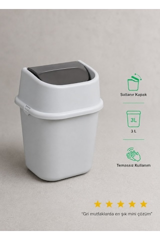 Gri Çöp Yut Tezgah Üstü Çöp Kovası 3 L - Inox Ve Gri Mutfak Uyumlu Mini Sallanır Kapak Çöp Kutusu