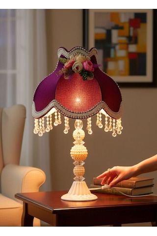 Mürdüm Kadife 3d Çiçek Dekorlu Gece Lambası Abajur 50x30cm Ab0025p