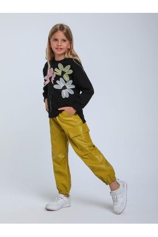 Kız Çocuk Çiçek İşlemeli Tasarım Sweatshirt-14341 Siyah