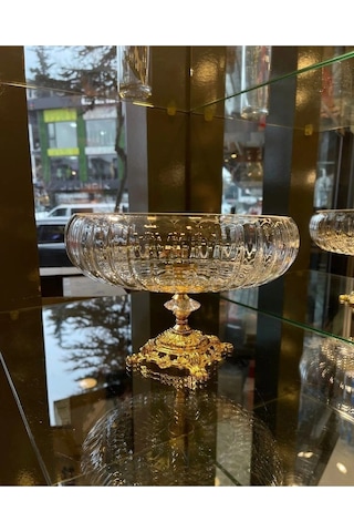 Lotus Kristal 24 Cm Kesme Dekor Gold Döküm Ayak Salata Kasesi Cam Sunumluk & Salata Kase Naturel