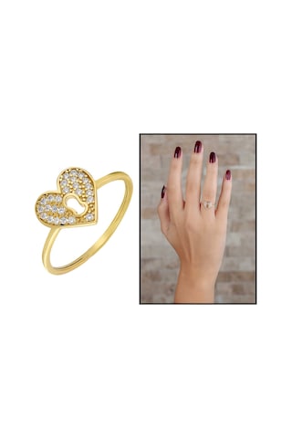 Zirkon Taşlı Kalbimin Kilidi Tasarım Gold Renk 925 Ayar Gümüş Bayan Yüzük Beyaz