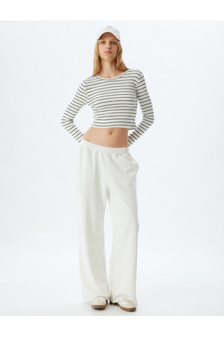 Koton Çizgili Crop Tişört Uzun Kollu Bisiklet Yaka Slim Fit Multıcolor 5wal10355ık Mavi